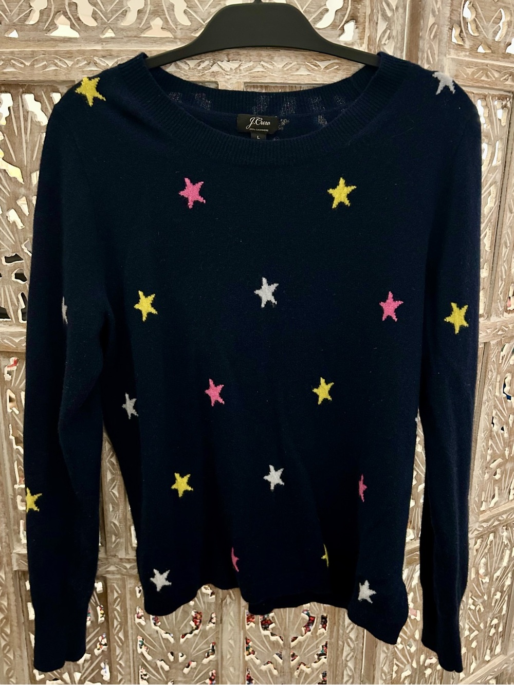 J. Crew Navy 100% Cashmere Star Print Crewneck Sweater